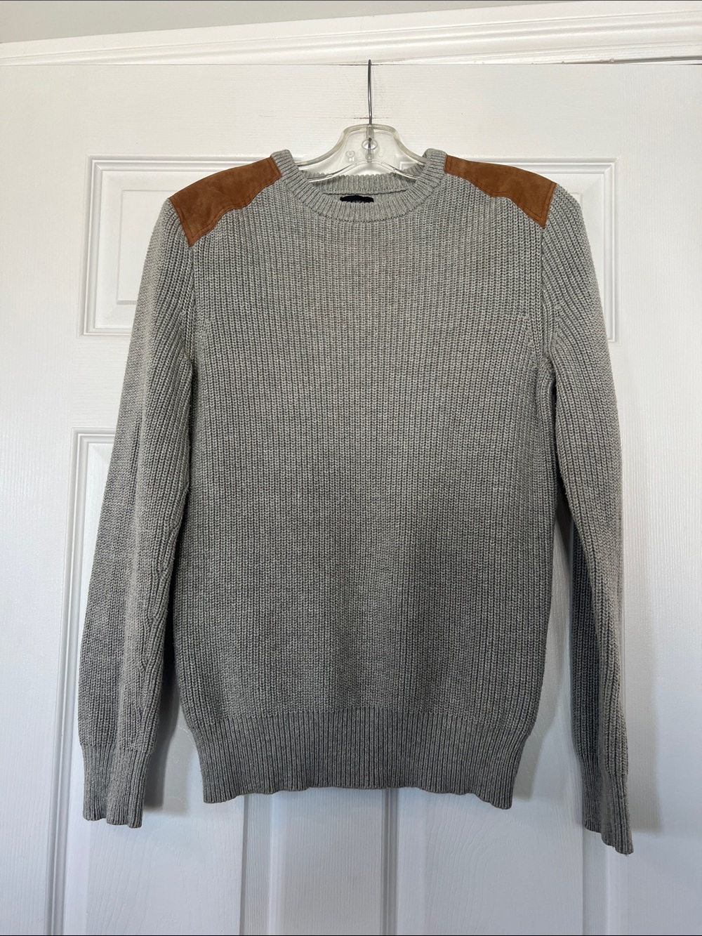 4/$20 J. Crew Gray Crewneck Sweater with Brown Suede Elbow Patches